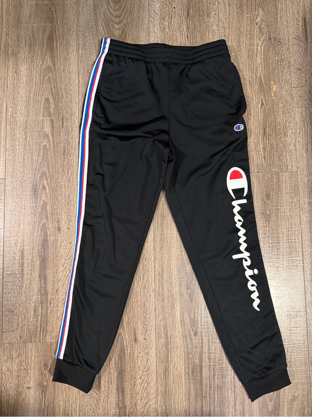 Champion Black Joggers with White Script and Red & Blue Stripe
